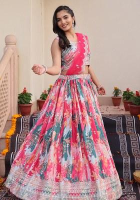 Pink Embroidery Chinon Lehenga Set With Dupatta