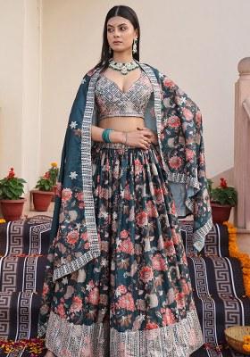 Green Embroidery Chinon Lehenga Set With Dupatta