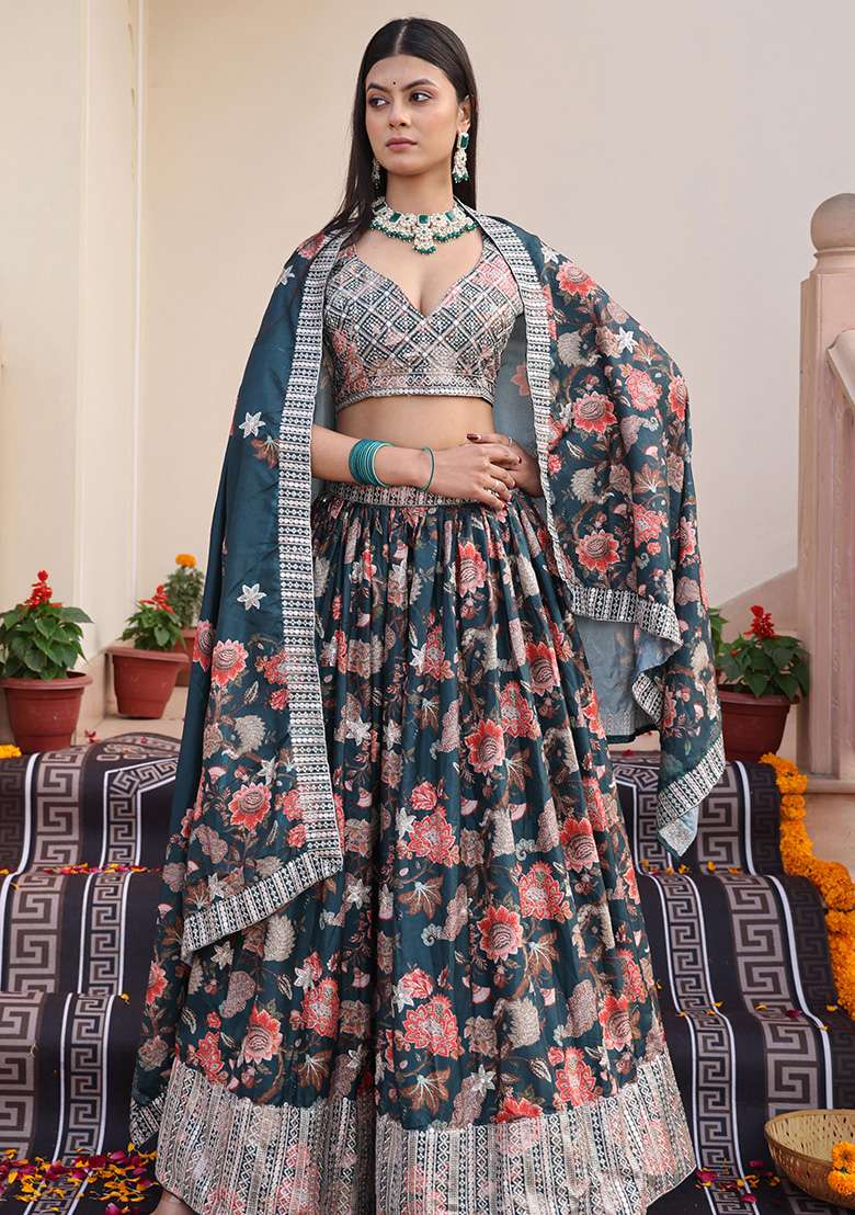 Green Embroidery Chinon Lehenga Set With Dupatta for Diwali and Festive Wear - Indya