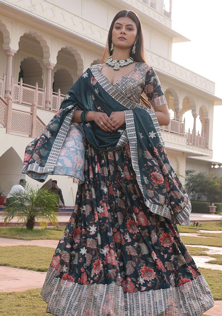 Green Embroidery Chinon Lehenga Set With Dupatta for Diwali and Festive Wear - Indya