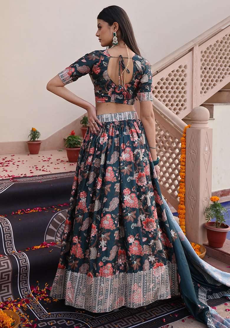 Green Embroidery Chinon Lehenga Set With Dupatta for Diwali and Festive Wear - Indya