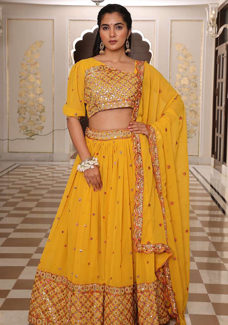 Yellow With Dupatta Georgette Lehenga Set with Embroidery for Diwali | Wedding & Festive Wear - Indya
