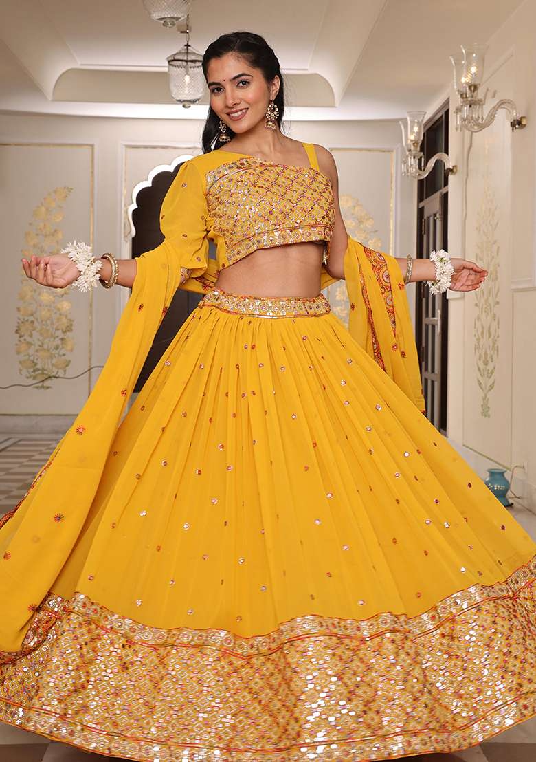 Yellow With Dupatta Georgette Lehenga Set with Embroidery for Diwali | Wedding & Festive Wear - Indya