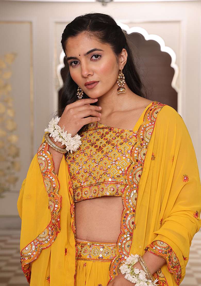 Yellow With Dupatta Georgette Lehenga Set with Embroidery for Diwali | Wedding & Festive Wear - Indya