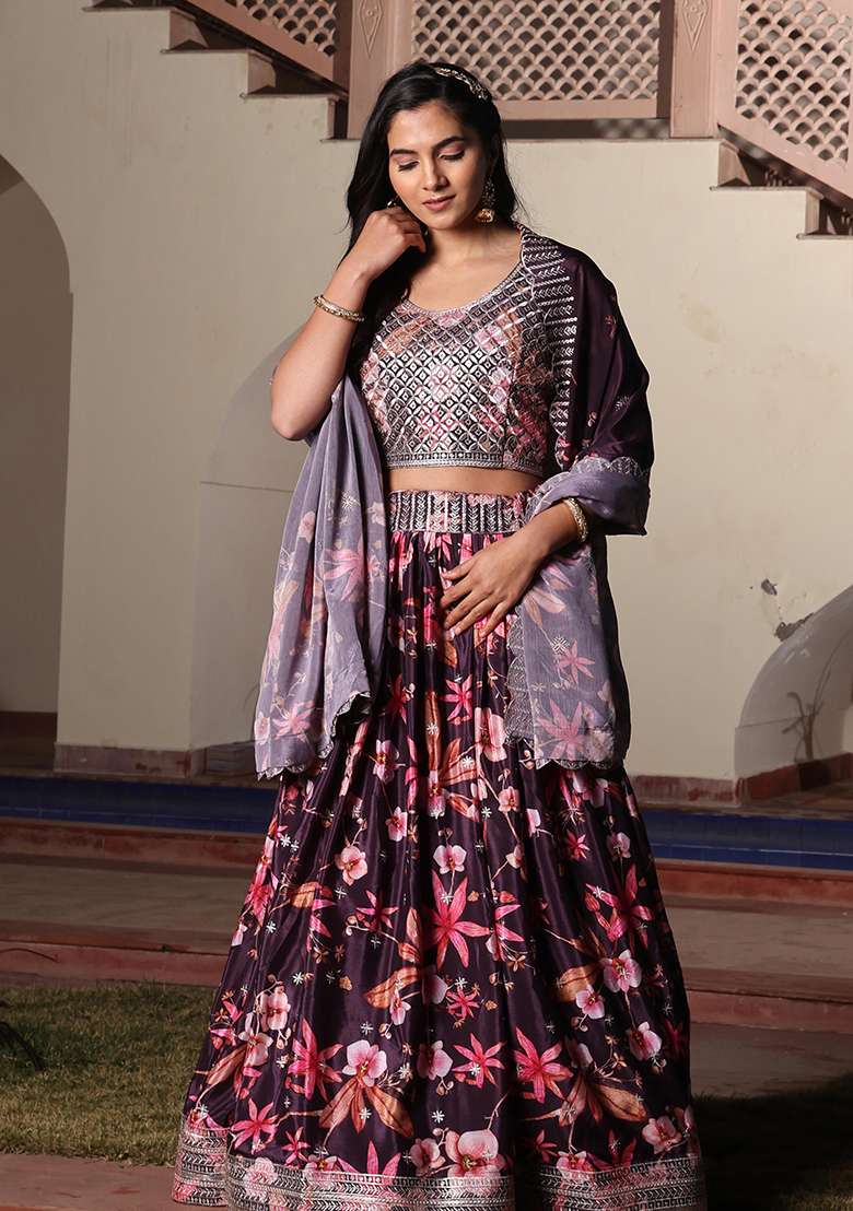 Purple Chinon With Dupatta Lehenga Set with Embroidery for Diwali | Wedding & Festive Wear - Indya