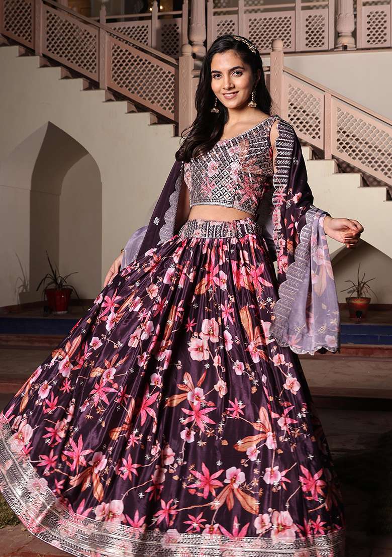 Purple Chinon With Dupatta Lehenga Set with Embroidery for Diwali | Wedding & Festive Wear - Indya