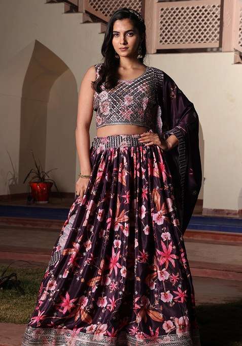 Purple Chinon With Dupatta Lehenga Set with Embroidery for Diwali | Wedding & Festive Wear