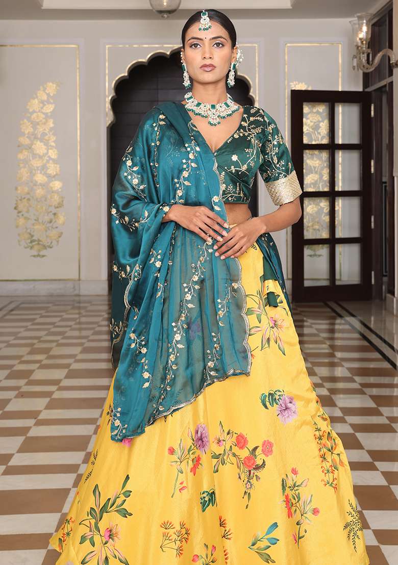 Yellow With Dupatta Silk Blend Lehenga Set with Embroidery for Diwali | Wedding & Festive Wear - Indya