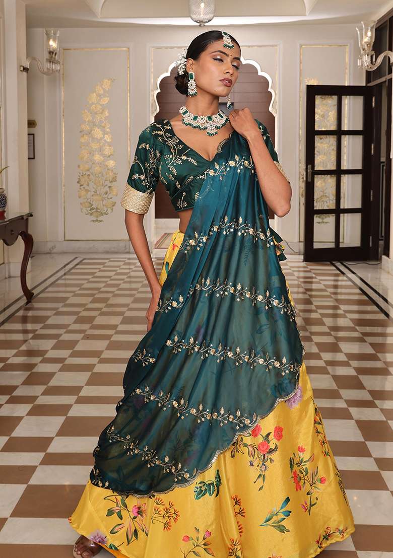 Yellow With Dupatta Silk Blend Lehenga Set with Embroidery for Diwali | Wedding & Festive Wear - Indya