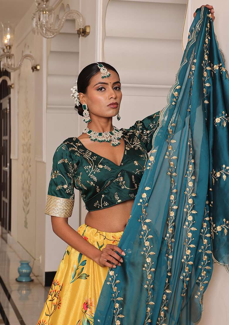 Yellow With Dupatta Silk Blend Lehenga Set with Embroidery for Diwali | Wedding & Festive Wear - Indya