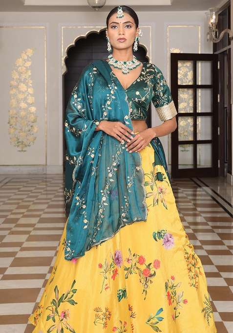 Yellow With Dupatta Silk Blend Lehenga Set with Embroidery for Diwali | Wedding & Festive Wear