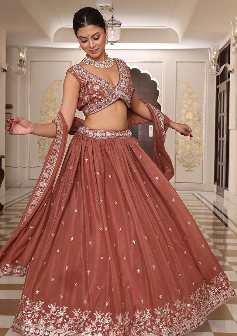 Brown With Dupatta Georgette Lehenga Set with Embroidery for Diwali | Wedding & Festive Wear - Indya