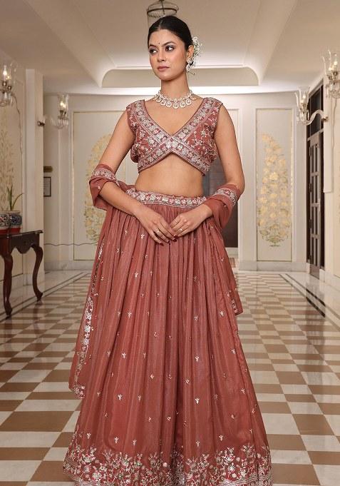 Brown Embroidery Georgette Lehenga Set With Dupatta