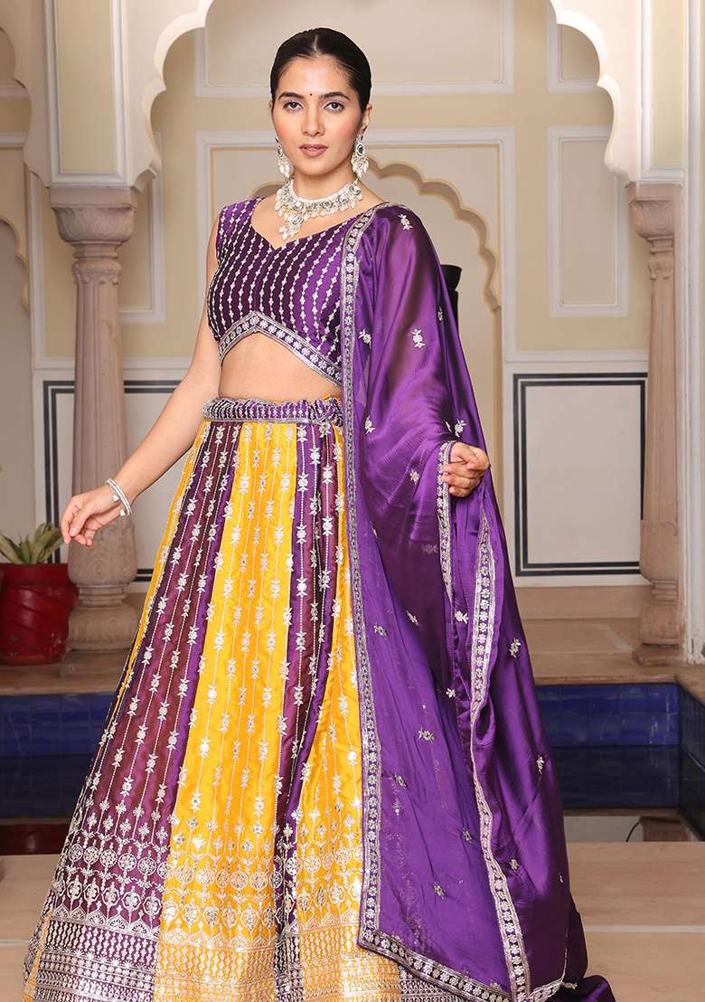 Multi Color Embroidery Silk Blend Lehenga Set With Dupatta for Diwali and Festive Wear - Indya