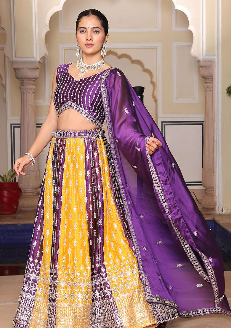 Multi Color Embroidery Silk Blend Lehenga Set With Dupatta for Diwali and Festive Wear - Indya