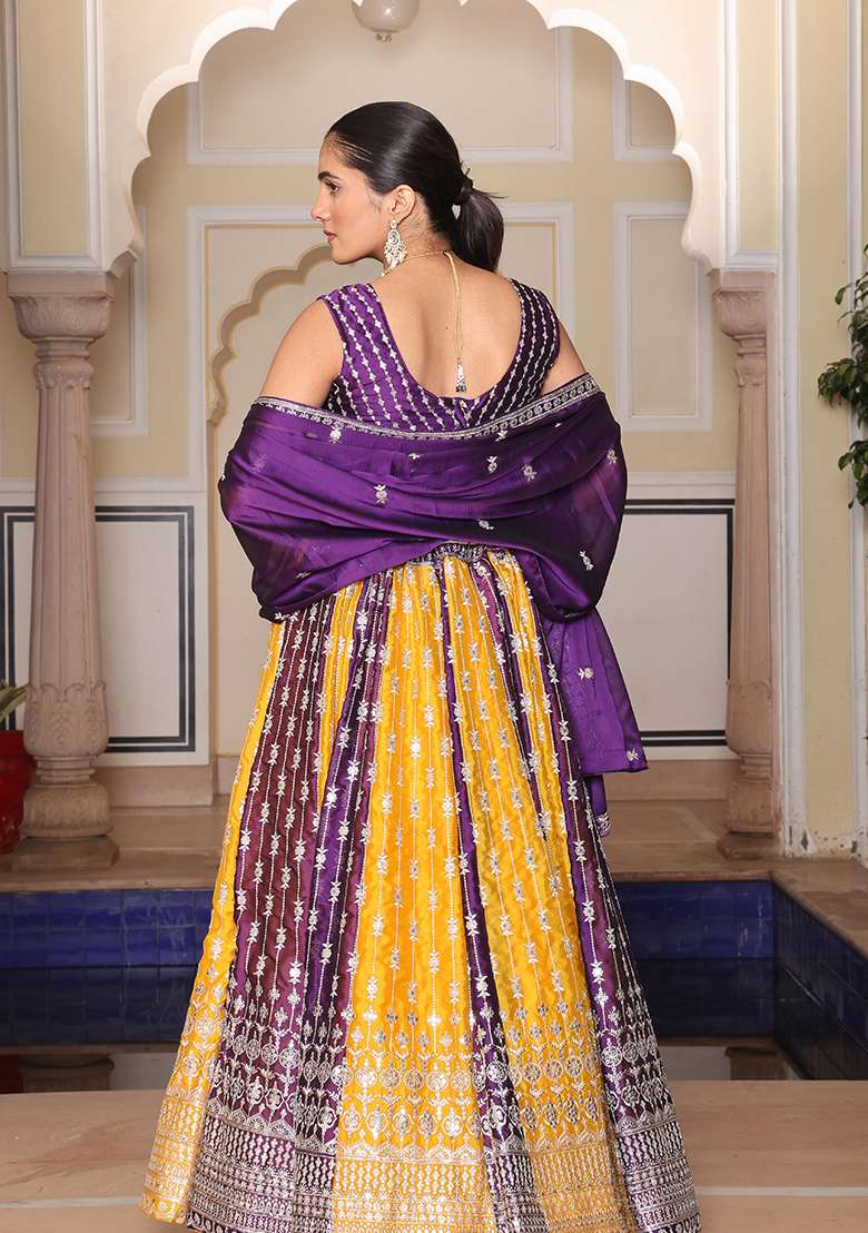 Multi Color Embroidery Silk Blend Lehenga Set With Dupatta for Diwali and Festive Wear - Indya