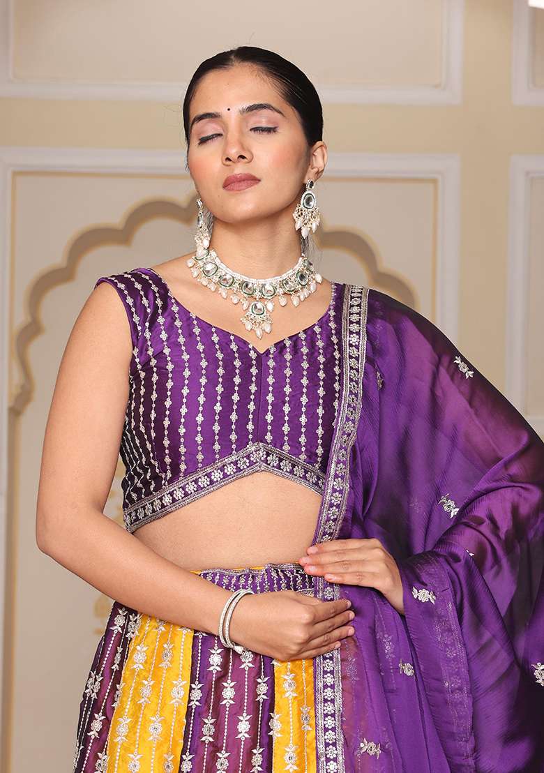 Multi Color Embroidery Silk Blend Lehenga Set With Dupatta for Diwali and Festive Wear - Indya