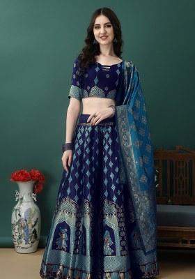 Blue Firoji Embroidery Soft Jacquard Lehenga Set With Dupatta