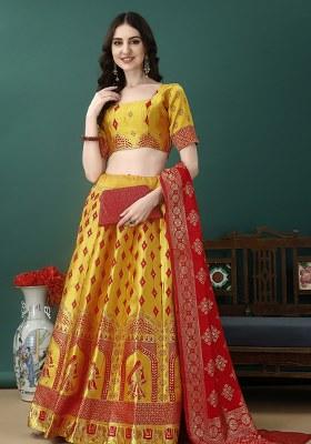 Gold Red Embroidery Soft Jacquard Lehenga Set With Dupatta