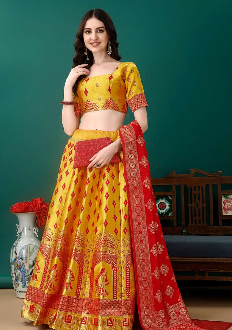 Gold Red Soft With Dupatta Jacquard Lehenga Set with Embroidery for Diwali | Wedding & Festive Wear - Indya