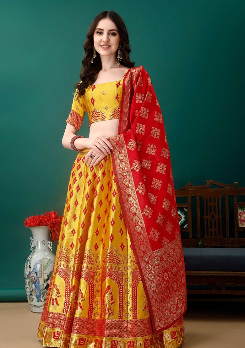 Gold Red Soft With Dupatta Jacquard Lehenga Set with Embroidery for Diwali | Wedding & Festive Wear - Indya