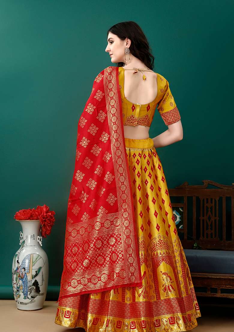 Gold Red Soft With Dupatta Jacquard Lehenga Set with Embroidery for Diwali | Wedding & Festive Wear - Indya