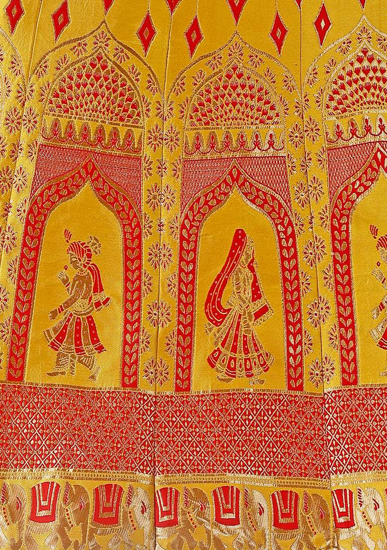 Gold Red Soft With Dupatta Jacquard Lehenga Set with Embroidery for Diwali | Wedding & Festive Wear - Indya