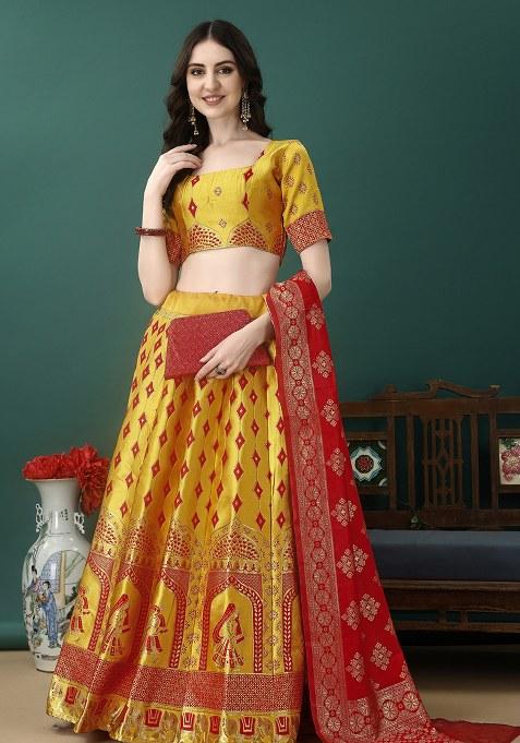 Gold Red Embroidery Soft Jacquard Lehenga Set With Dupatta