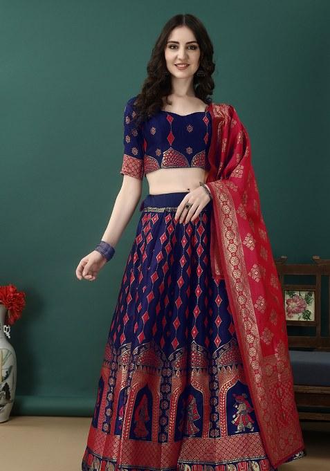 Blue Gajri Embroidery Soft Jacquard Lehenga Set With Dupatta