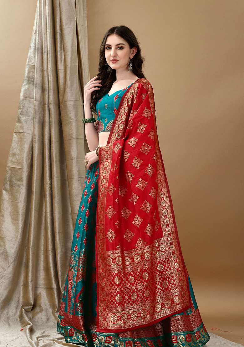 Rama Red Soft With Dupatta Jacquard Lehenga Set with Embroidery for Diwali | Wedding & Festive Wear - Indya