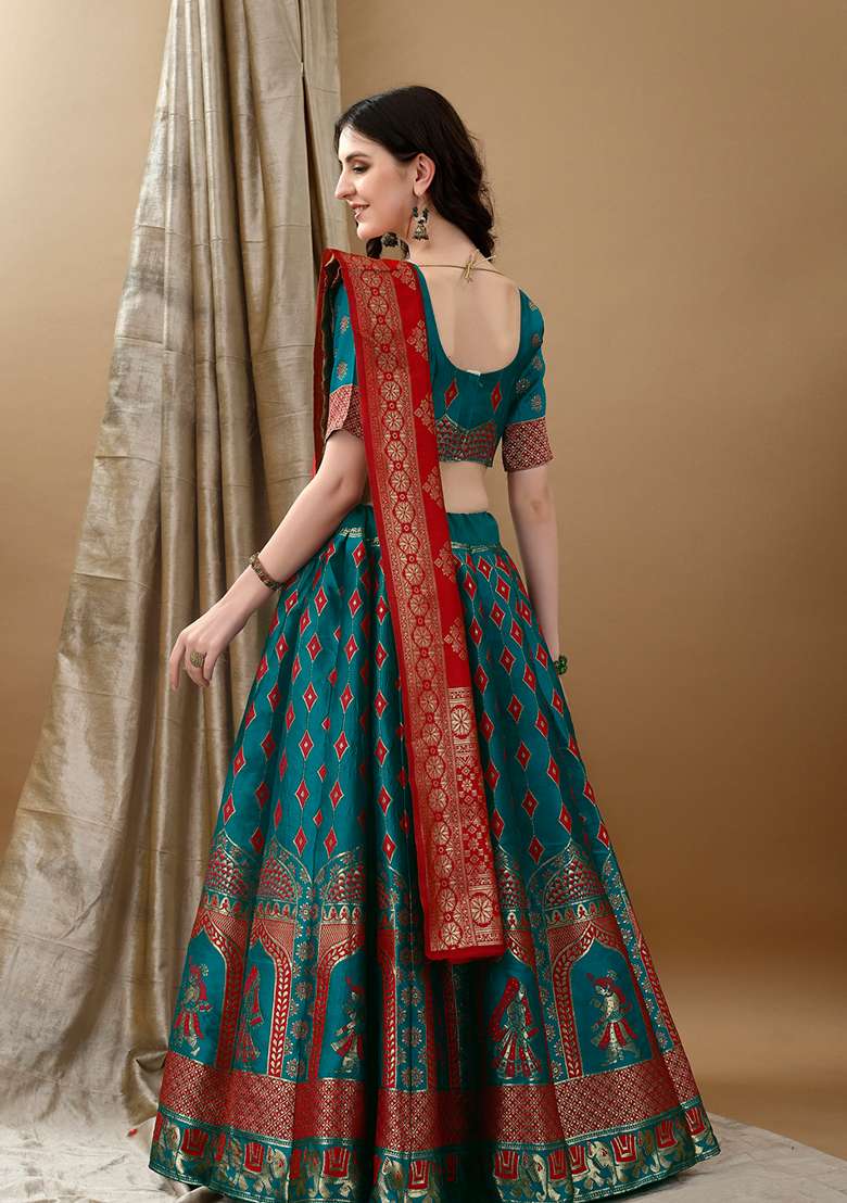 Rama Red Soft With Dupatta Jacquard Lehenga Set with Embroidery for Diwali | Wedding & Festive Wear - Indya