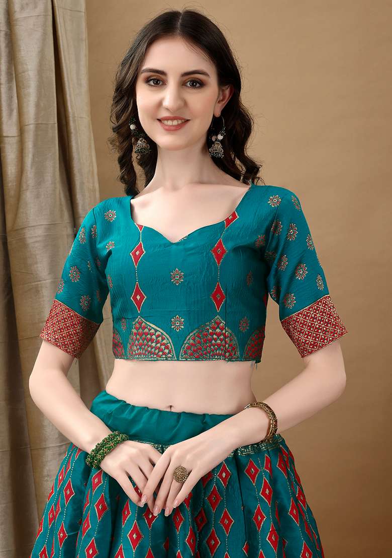 Rama Red Soft With Dupatta Jacquard Lehenga Set with Embroidery for Diwali | Wedding & Festive Wear - Indya