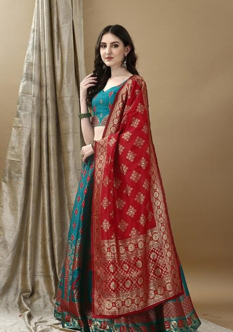 Rama Red Embroidery Soft Jacquard Lehenga Set With Dupatta