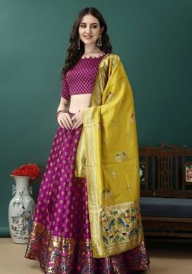 Purple Embroidery Soft Jacquard Lehenga Set With Dupatta