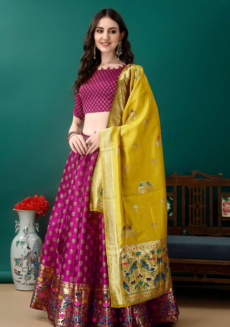 Purple Soft With Dupatta Jacquard Lehenga Set with Embroidery for Diwali | Wedding & Festive Wear - Indya