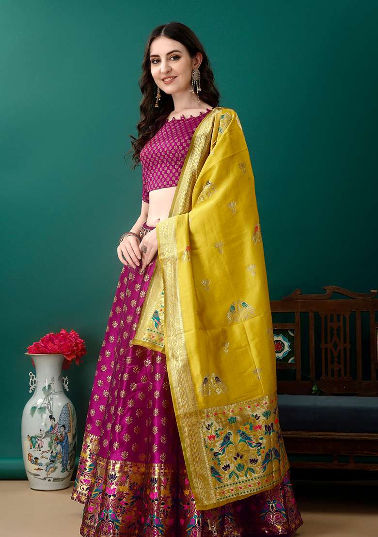 Purple Soft With Dupatta Jacquard Lehenga Set with Embroidery for Diwali | Wedding & Festive Wear - Indya