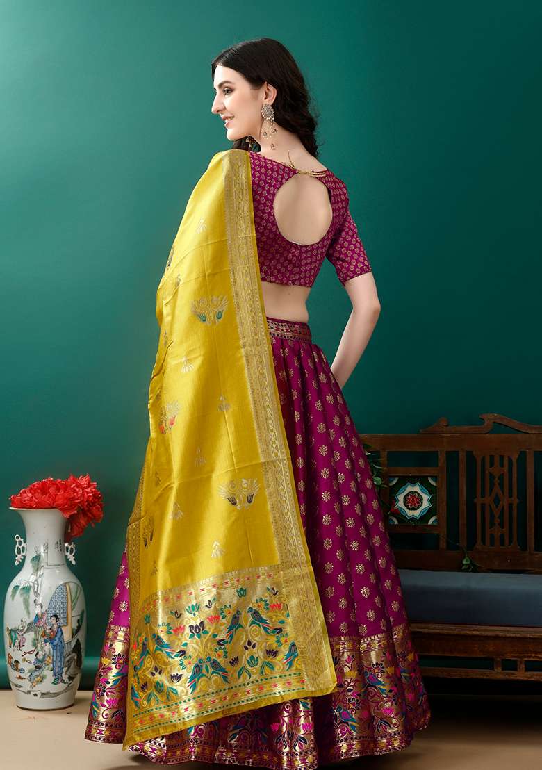 Purple Soft With Dupatta Jacquard Lehenga Set with Embroidery for Diwali | Wedding & Festive Wear - Indya