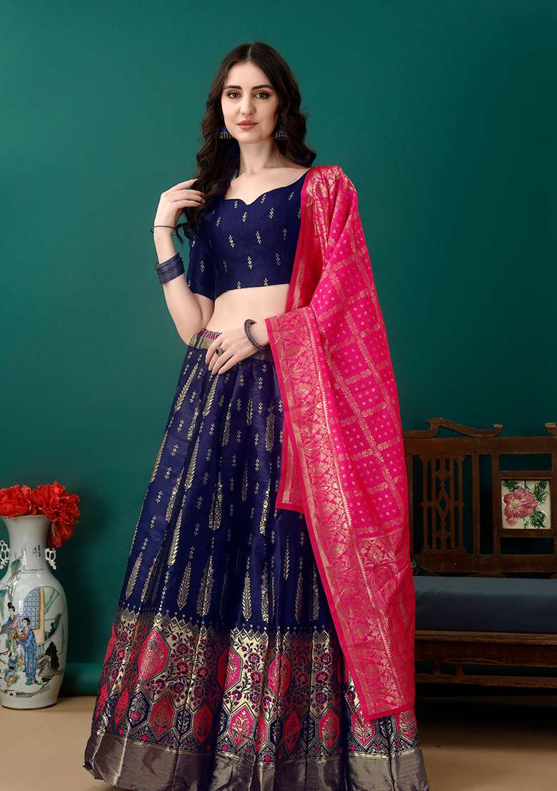 Navy Blue Soft With Dupatta Jacquard Lehenga Set with Embroidery for Diwali | Wedding & Festive Wear - Indya