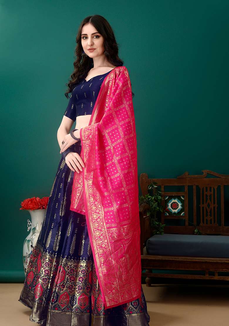 Navy Blue Soft With Dupatta Jacquard Lehenga Set with Embroidery for Diwali | Wedding & Festive Wear - Indya