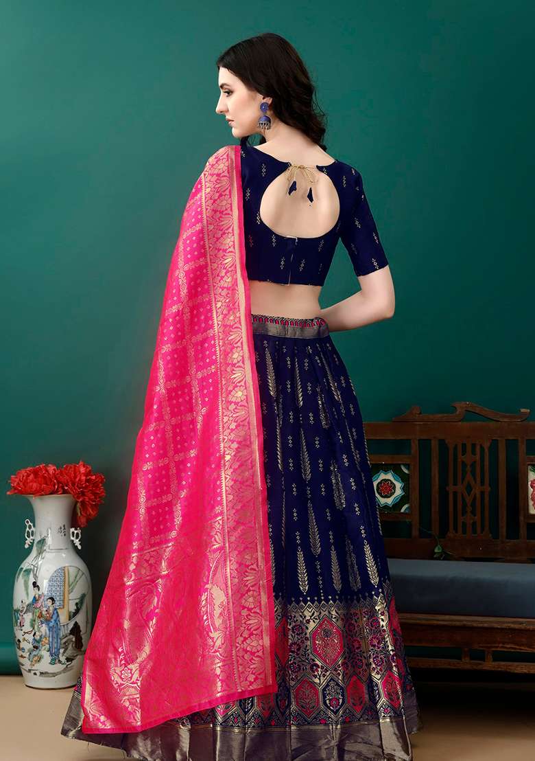 Navy Blue Soft With Dupatta Jacquard Lehenga Set with Embroidery for Diwali | Wedding & Festive Wear - Indya