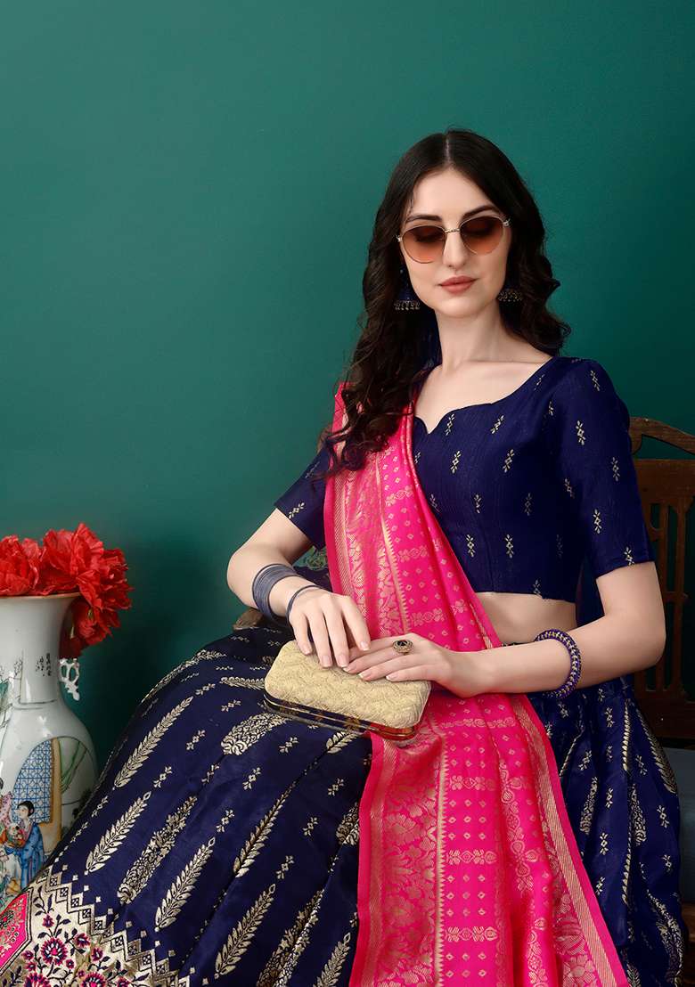 Navy Blue Soft With Dupatta Jacquard Lehenga Set with Embroidery for Diwali | Wedding & Festive Wear - Indya