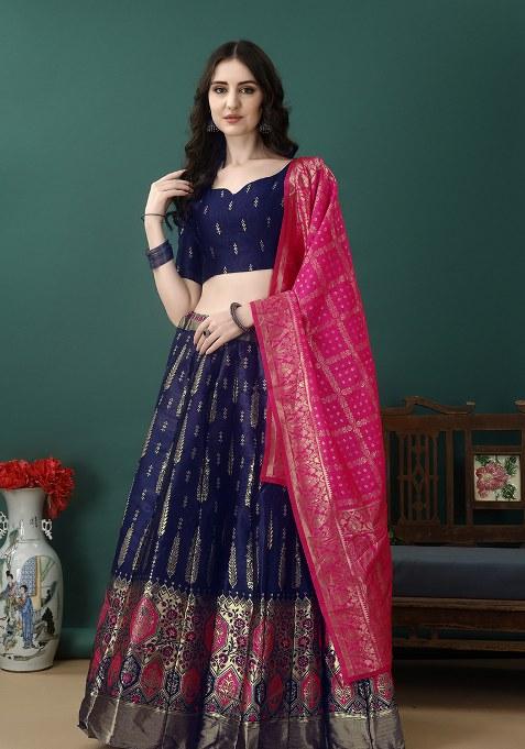 Navy Blue Embroidery Soft Jacquard Lehenga Set With Dupatta