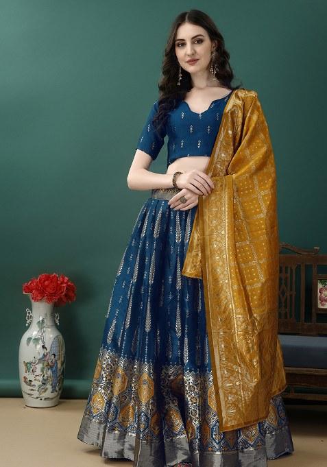 Rama Embroidery Soft Jacquard Lehenga Set With Dupatta