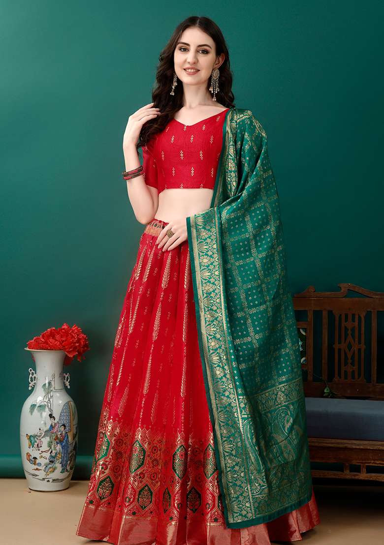 Red Embroidery Soft Jacquard Lehenga Set With Dupatta for Diwali and Festive Wear - Indya