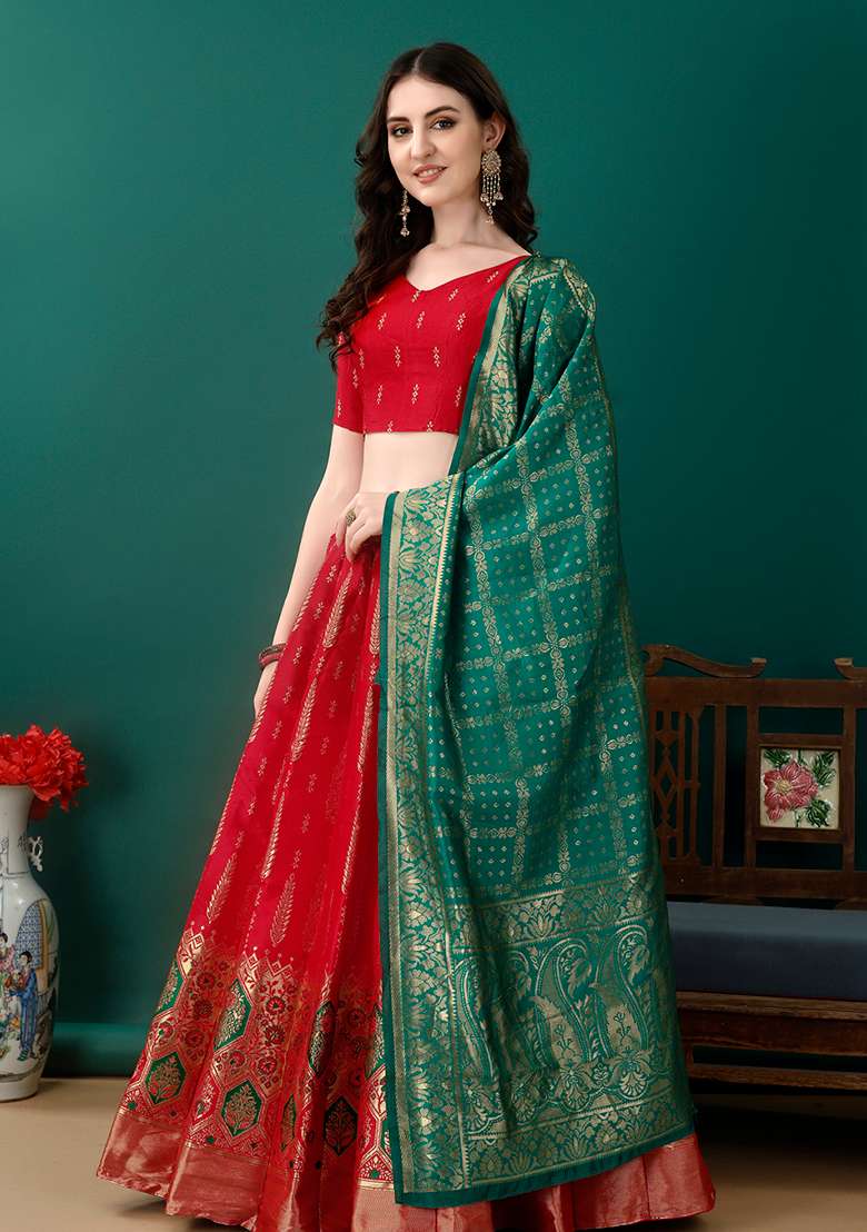 Red Embroidery Soft Jacquard Lehenga Set With Dupatta for Diwali and Festive Wear - Indya