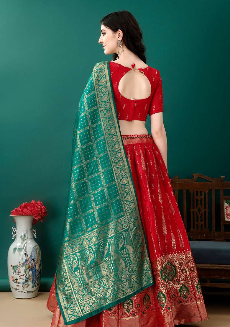 Red Embroidery Soft Jacquard Lehenga Set With Dupatta for Diwali and Festive Wear - Indya