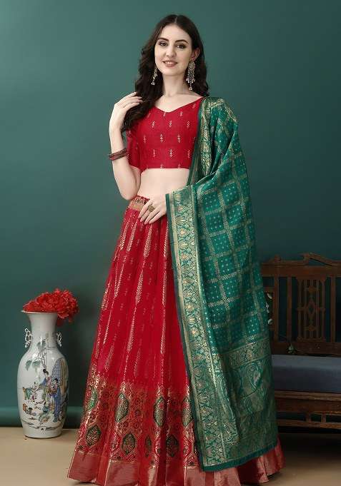 Red Embroidery Soft Jacquard Lehenga Set With Dupatta for Diwali and Festive Wear