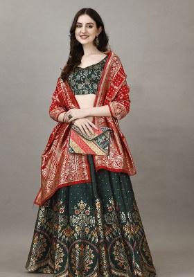 Green Embroidery Soft Jacquard Lehenga Set With Dupatta