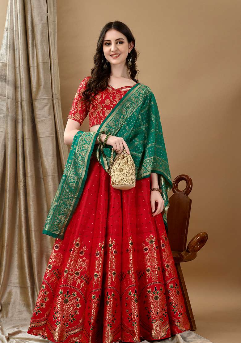 Red Embroidery Soft Jacquard Lehenga Set With Dupatta for Diwali and Festive Wear - Indya