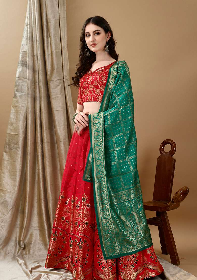 Red Embroidery Soft Jacquard Lehenga Set With Dupatta for Diwali and Festive Wear - Indya